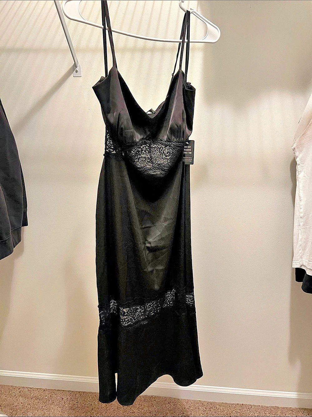 Express Lace Trim Satin Midi Slip Dress Black Medium